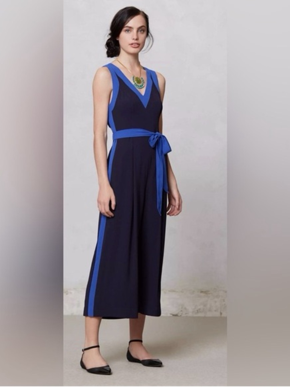 Anthropologie Elevenses Beca Colorblock Wide Leg Jumpsuit Open Back Buttons